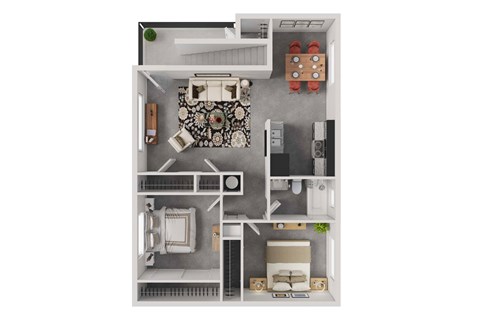 3d floorplan of a 2 bedroom 1 bathroom 825 square foot floorplan.